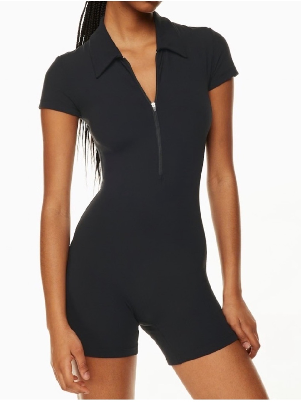 Aritzia Golden Interval Polo Romper in Black Front Zip Short Sleeve L Large